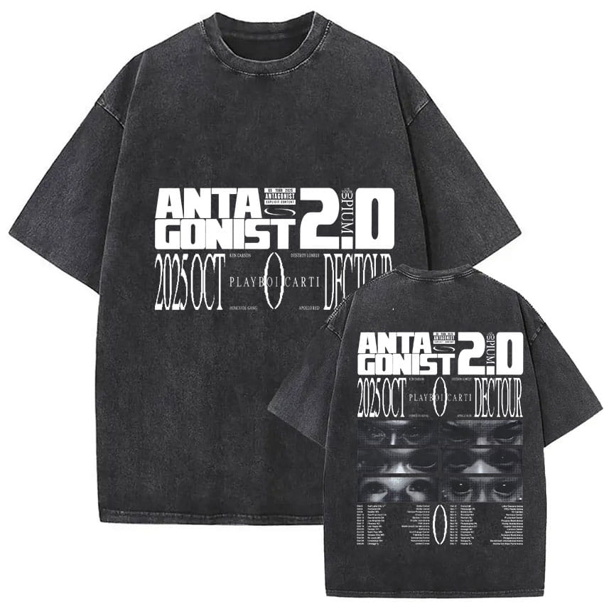 Rapper PLAYBOI CARTI ANTAGONIST Tour 2025 Merch T-Shirt Men’s Gothic Hip Hop Short Sleeve T Shirt Vintage Washed Tees Streetwear