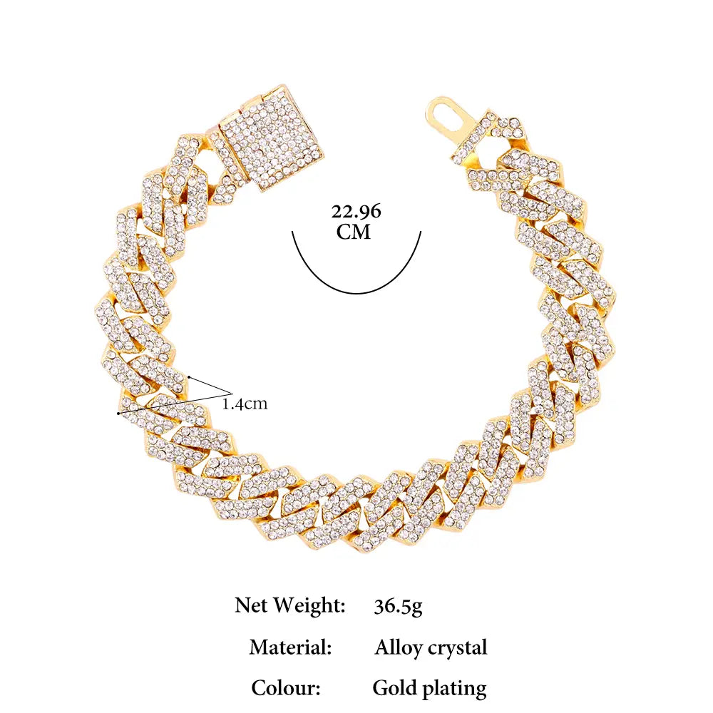 Hip Hop 14MM Prong Cuban Link Chain Necklace & Bracelet Iced Out Bling Cuban Chain Rhinestone Chains For Men Punk Rapper Jewelry