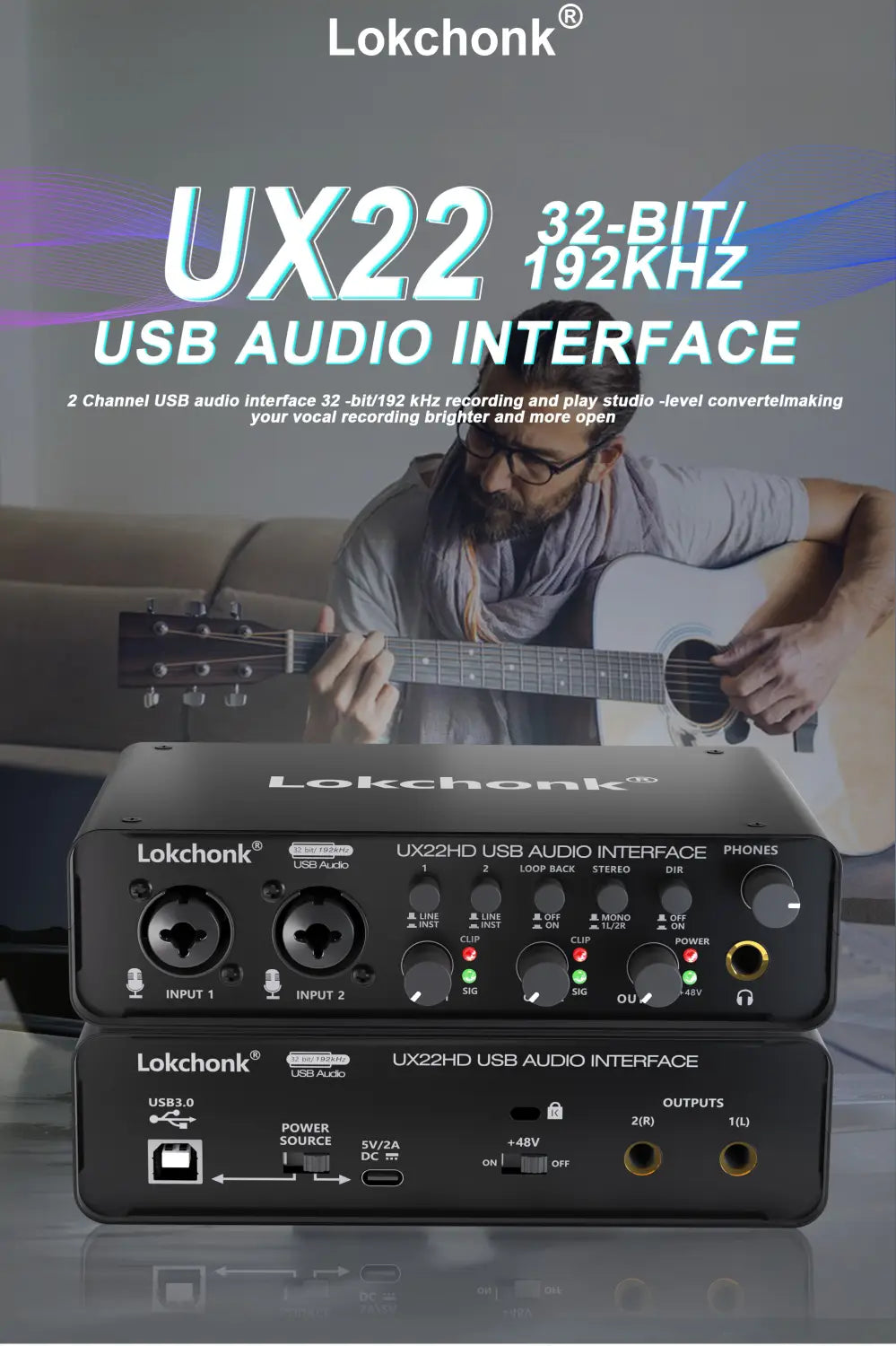 Lokchonk UX22 Audio Interface Studio Quality Recording Sound Card for Guitarist Singer Podcast Music Production