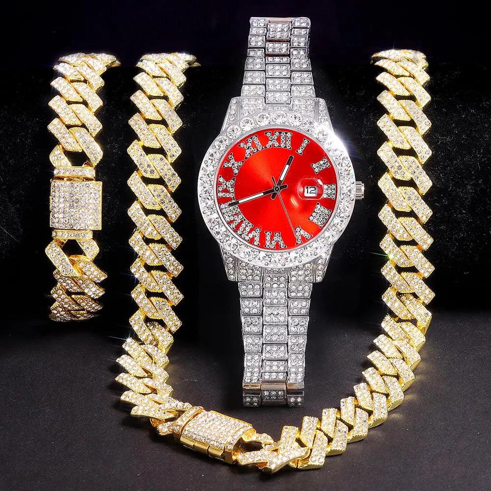Exquisite Necklace + Watch + Bracelet Hip Hop Rapper Cuban Chain Gold Color Iced Out Paved Rhinestone Men African Jewelry Set New