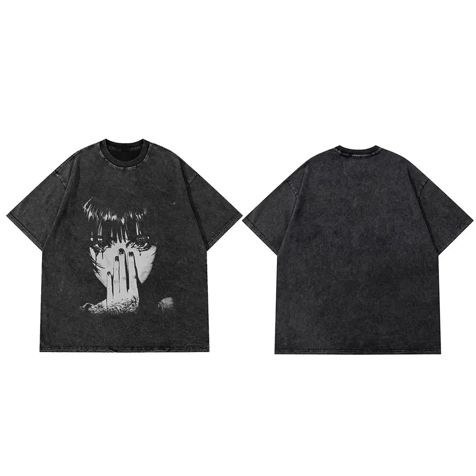 Hip Hop Men Fashion Washed T Shirt Streetwear Graphic Print Harajuku Hip Hop T-Shirt Summer Black Short Sleeve Cotton Loose Tops