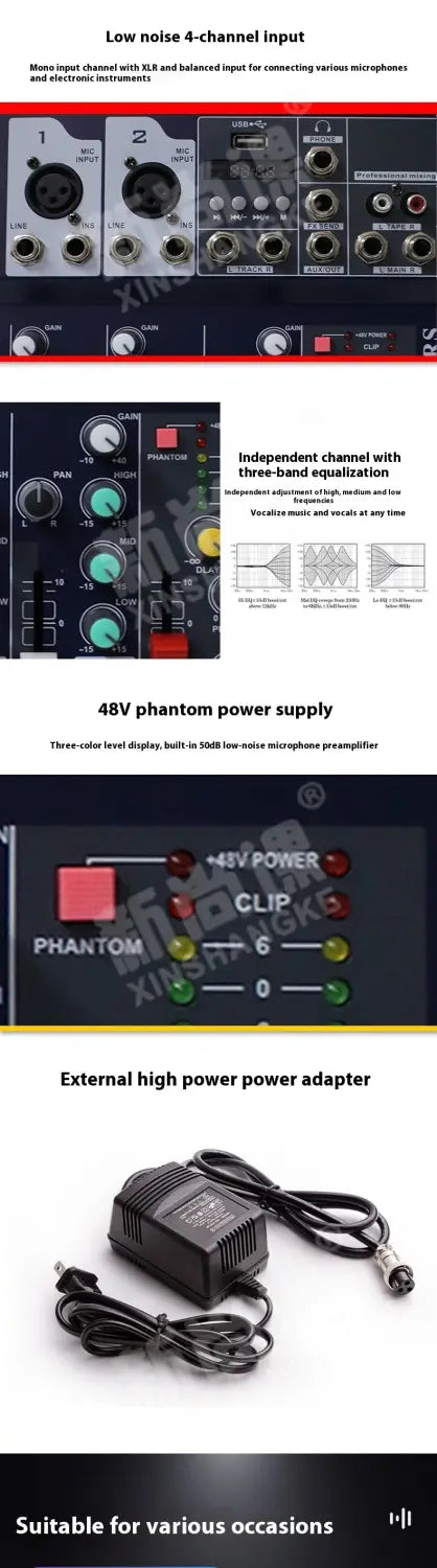 Portable Audio Mixer Systerm 2/4/5/6/7 Channel Bluetooth USB Flash Drive Recording Sound Card Live Broadcast Amplifier Mixer