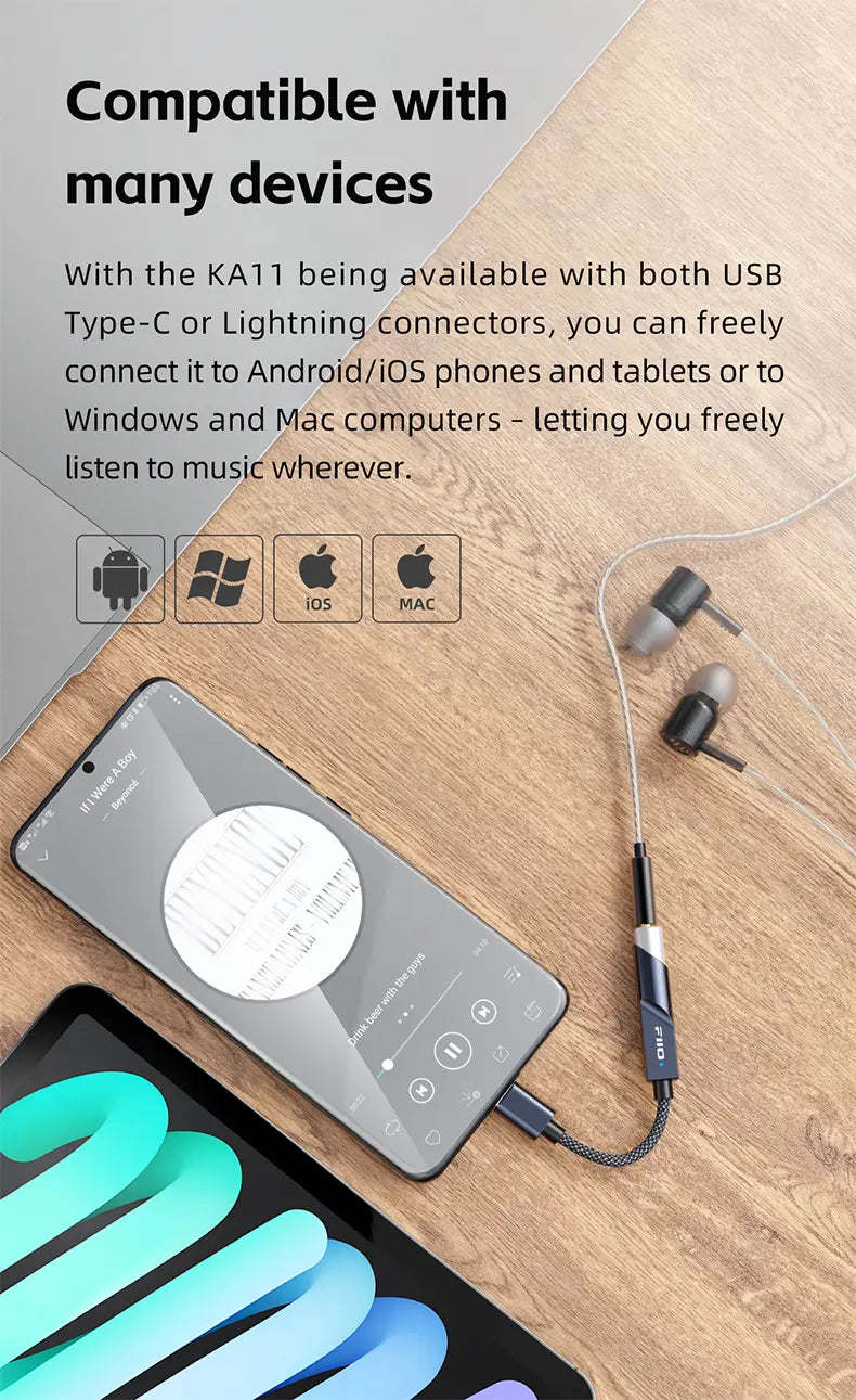 FiiO JadeAudio KA11 USB DAC Amplifier Hi-Res Audio Type-C to 3.5mm Adapter USB Dongle DSD256 for Android Phones