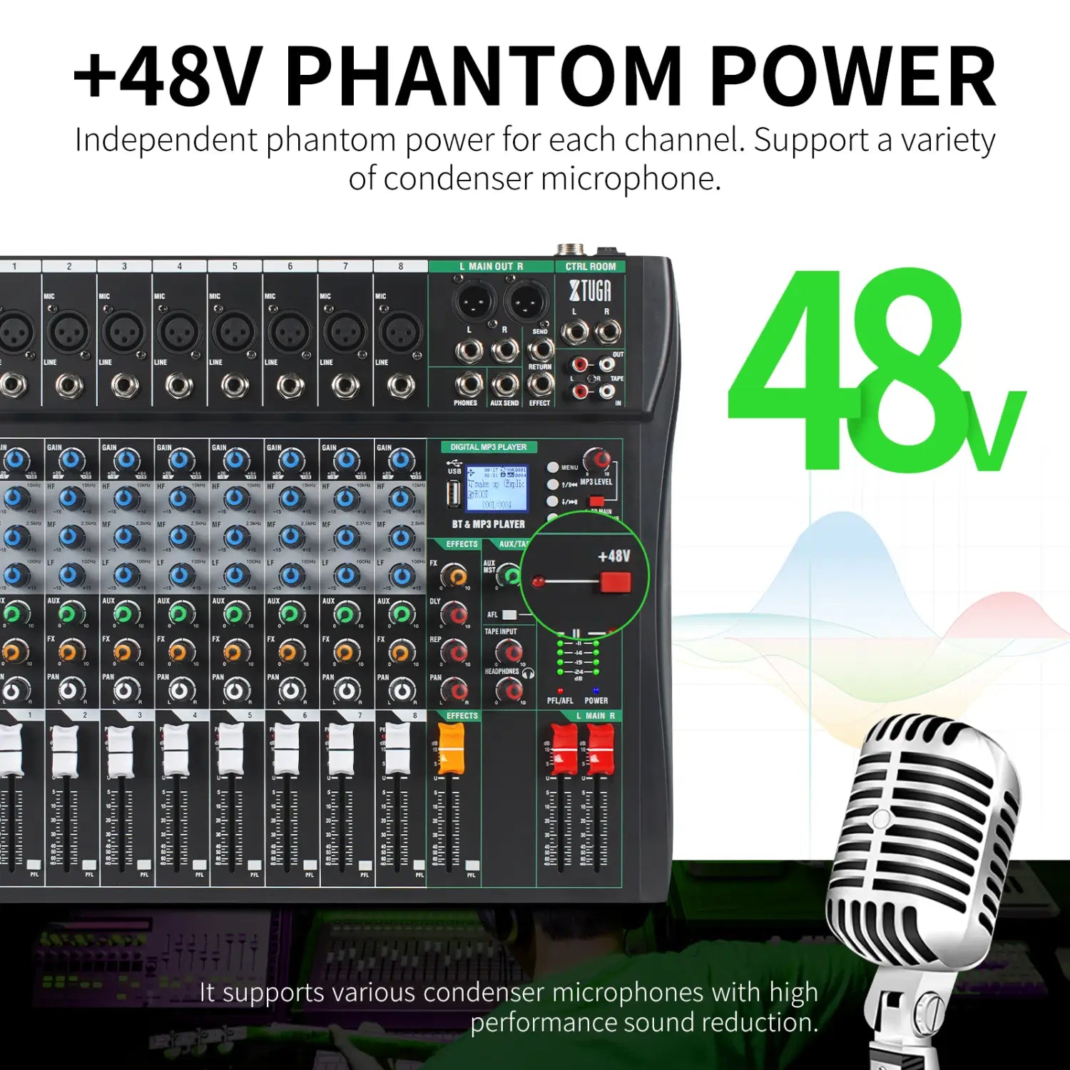 Audio Mixer CT 8 Channel Sound Board Mixing Console Audio Interface PC USB Bluetooth Phantom Digital Effect DJ Live Studio Stage