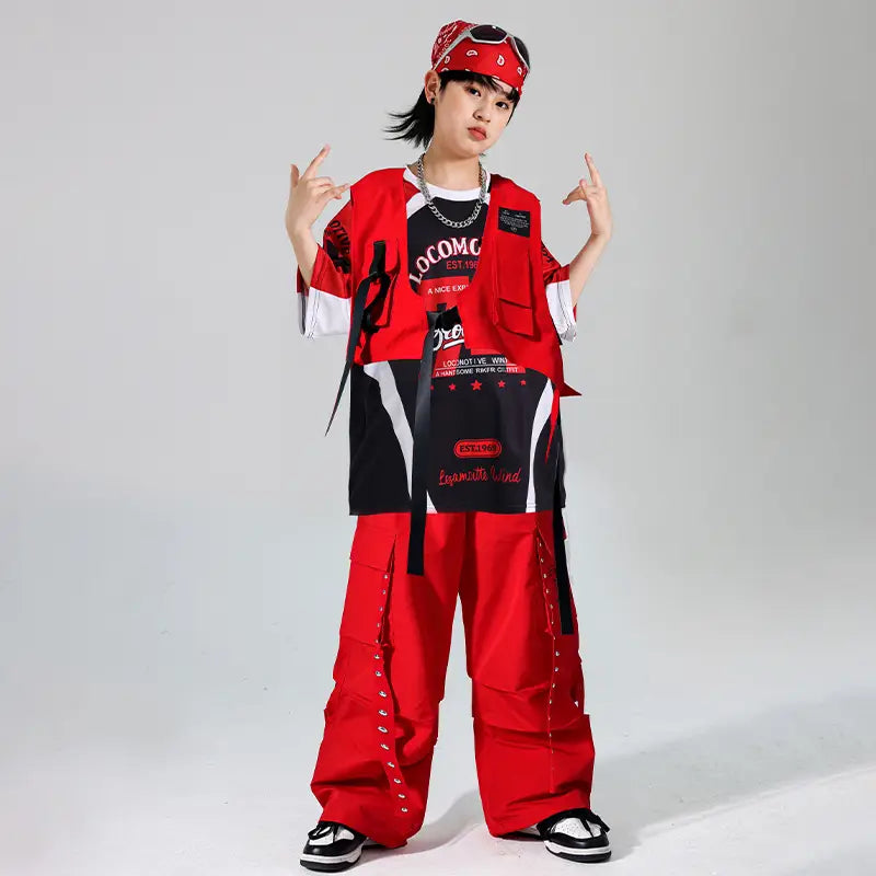 Hip Hop Boys Contrast T-shirt Red Vest Cargo Pants Girls K-pop Street Dance Clothes Sets Kids Jazz Costumes Children Streetwear