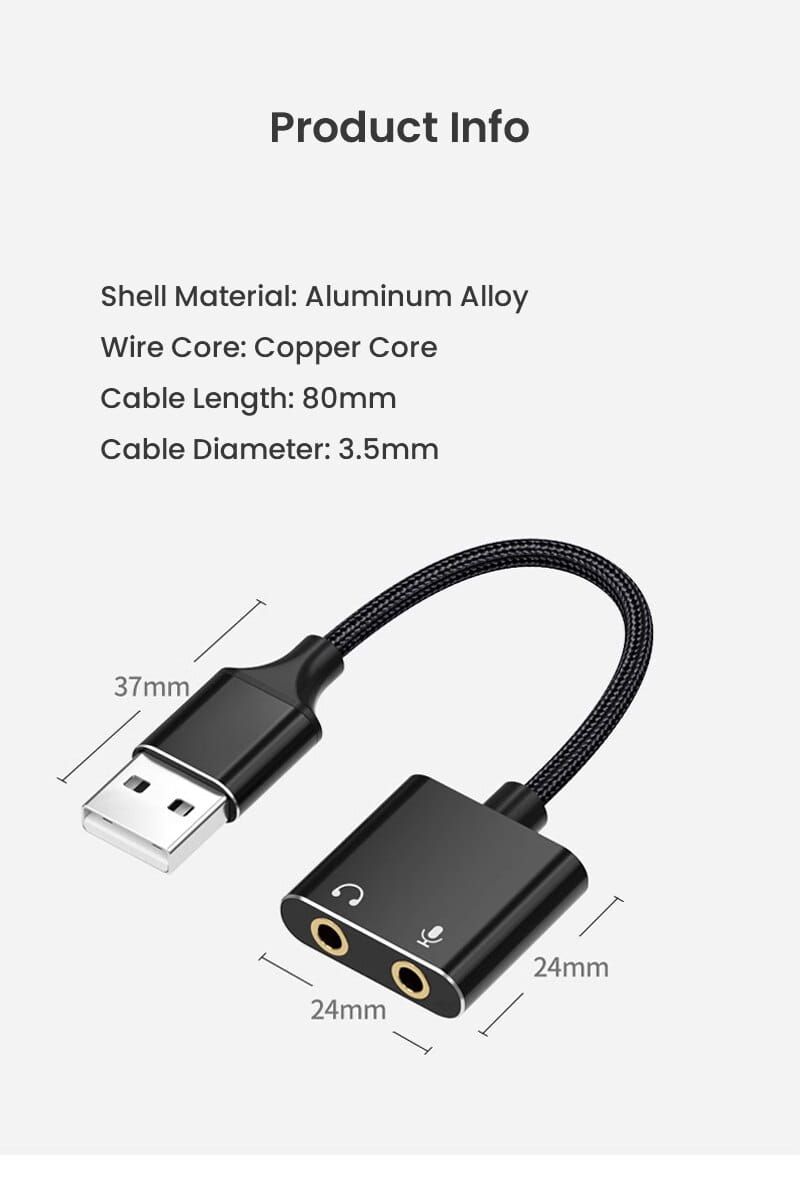 USB Sound Card Adapter with 3.5mm Headphone and Microphone Jack Braided Cable External USB Audio Adapter for Windows Mac Laptop