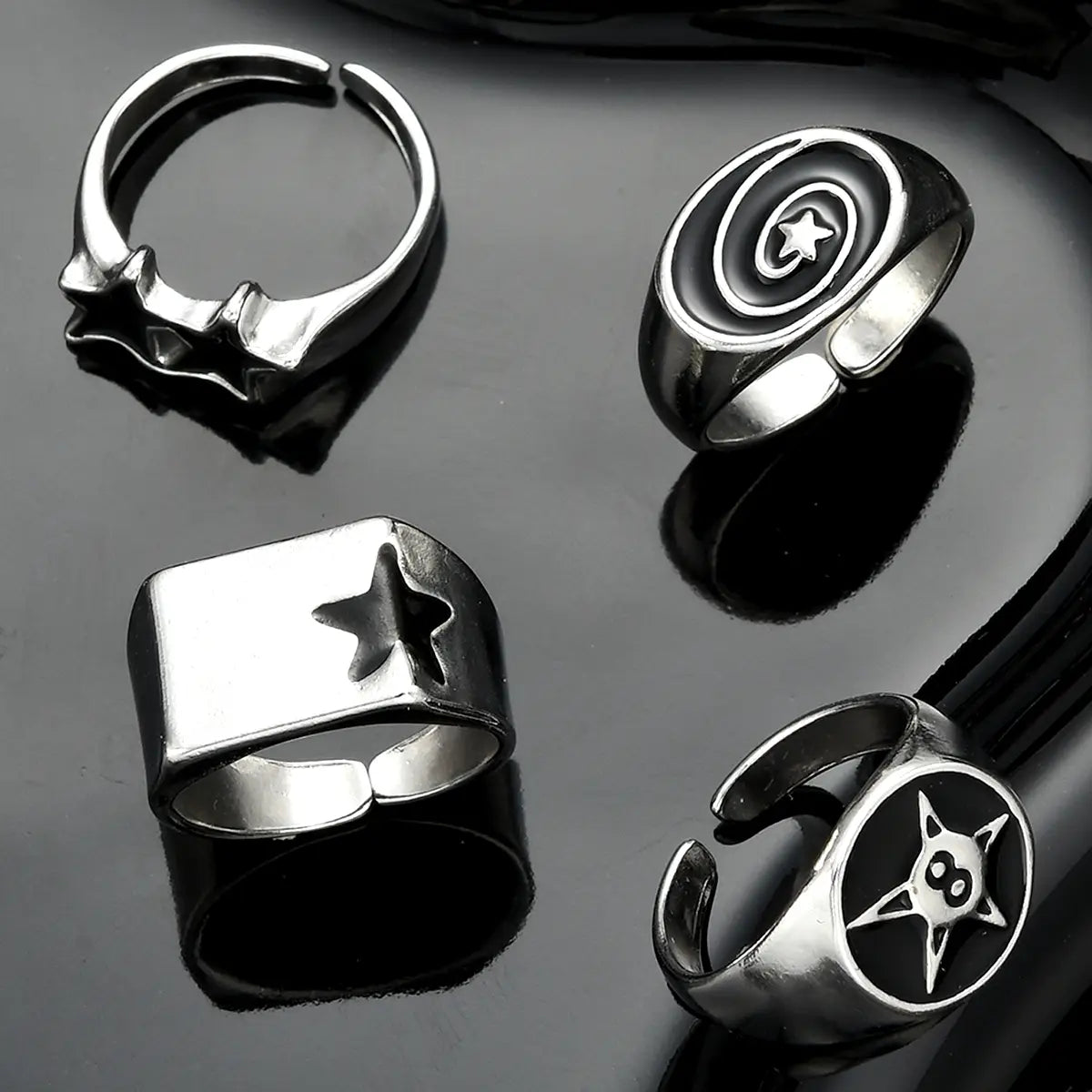 4 Pcs Punk Black Star Rings Set for Women Men Fashion HipHop Silver Color Geometric Thick Finger Ring Y2K Unisex Jewelry Gifts