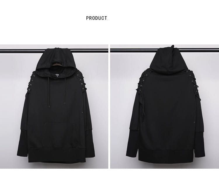 Punk Drawstring Sleeve Hooded Pullover Harajuku Techwear Hoodies Sweatshirts Mens Loose Hoody Clothing Hip Hop Streetwear