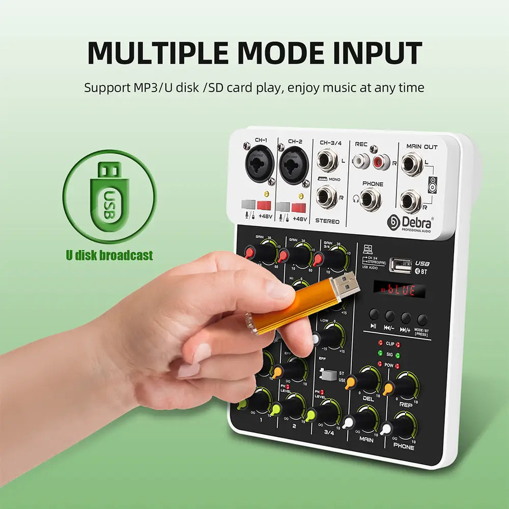 4/8 Channel Audio Mixer DJ Controller Sound Mixing Console With Bluetooth Phantom Power Delay Repaeat Effect For PC Recording