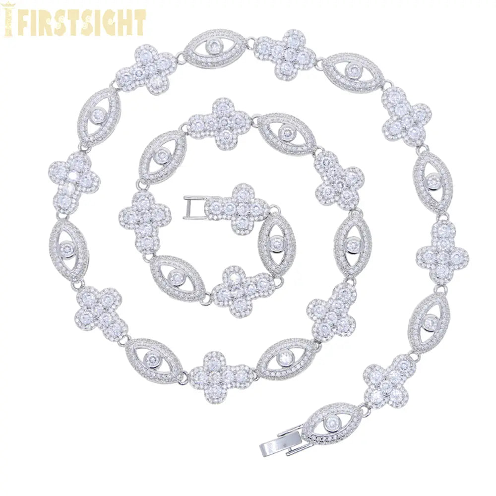 2025 New Eye Cross Necklace Iced Out Bling Silver Color Cubic Zirconia Charm Tennis Chain for Men Women Hip Hop Jewelry