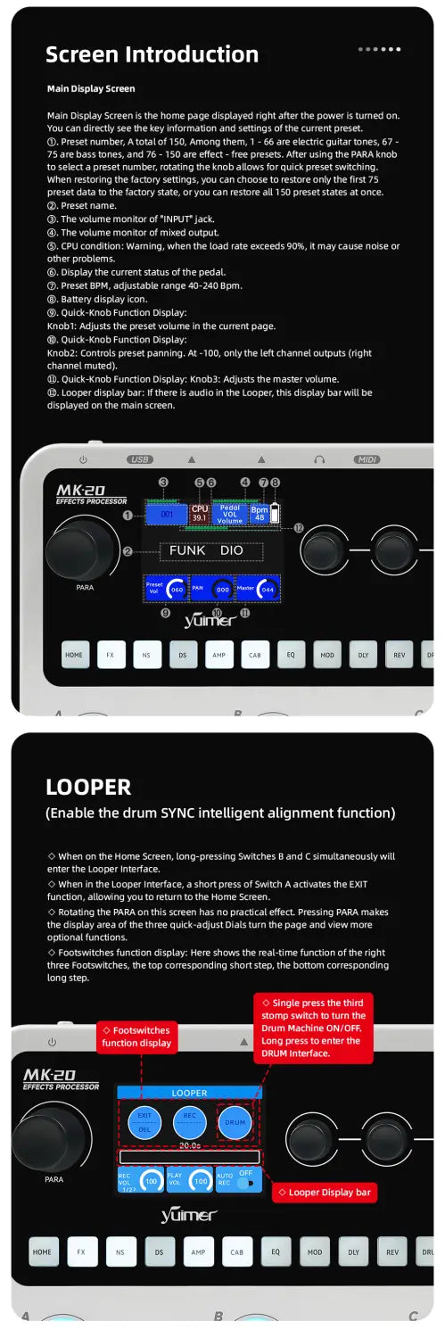 Yuimer MK-20 Multi-Effects Processor Pedal with Drum Machine Tuner and Looper Pedal USB Audio/for Guitar/Bass