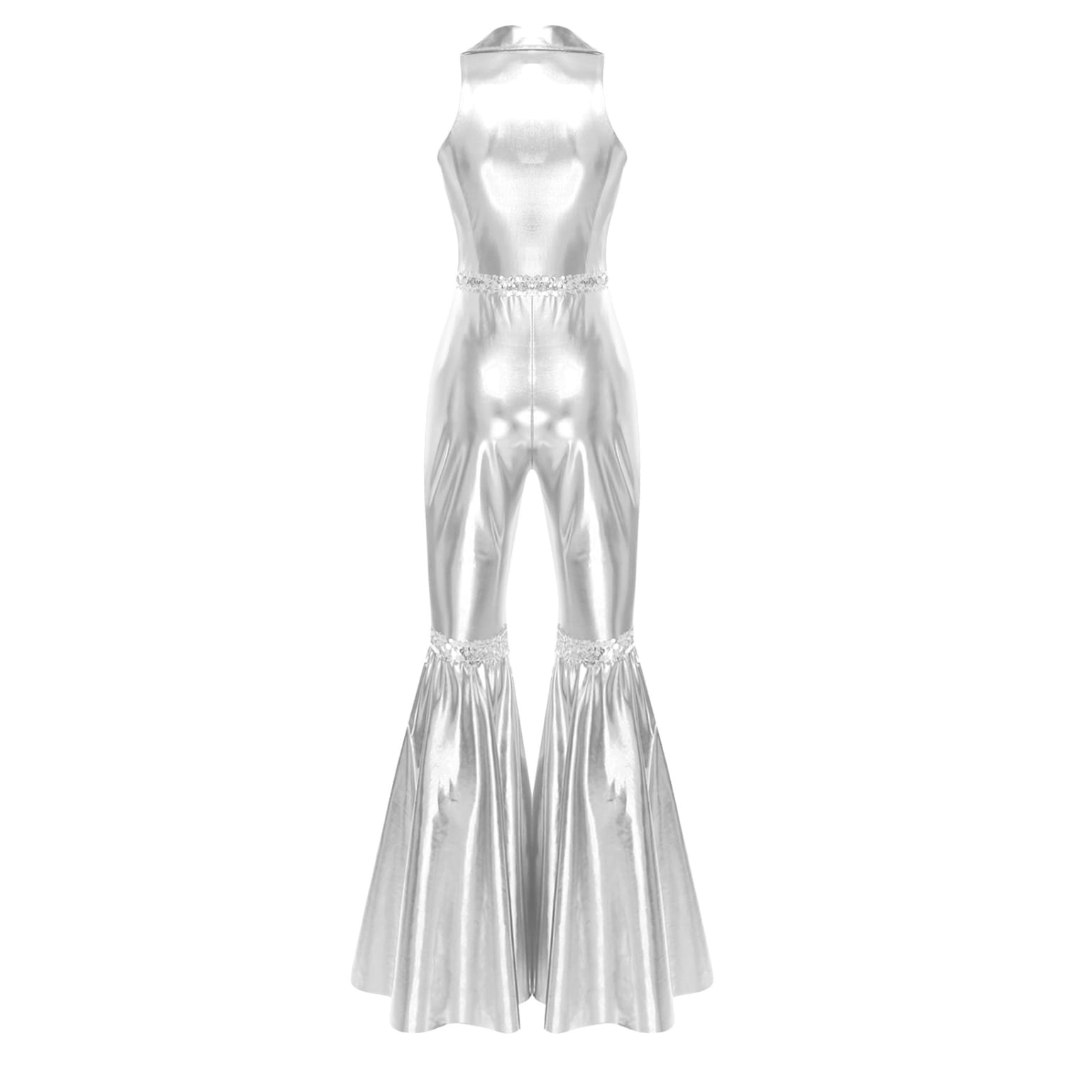 Adult Womens 70s Disco Rompers Lapel V Neck Sleeveless Front Zipper Sequins Bell Bottom Long Pants Jumpsuit Retro Jazz Dancewear