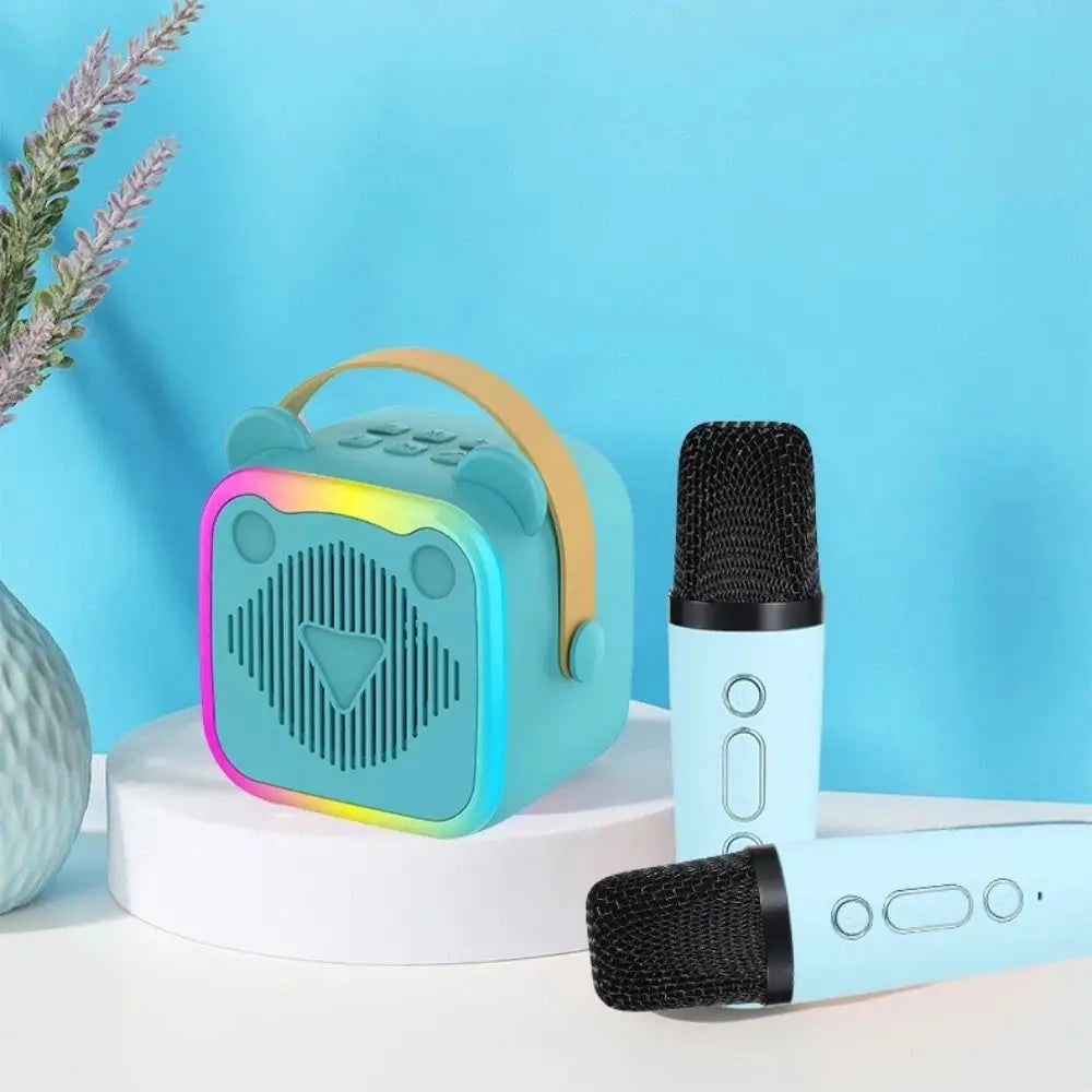 Portable Mini Karaoke Machine 3.5mm Earphone HIFI Surround Mini Home Karaoke Speaker Wireless Microphones RGB Lights