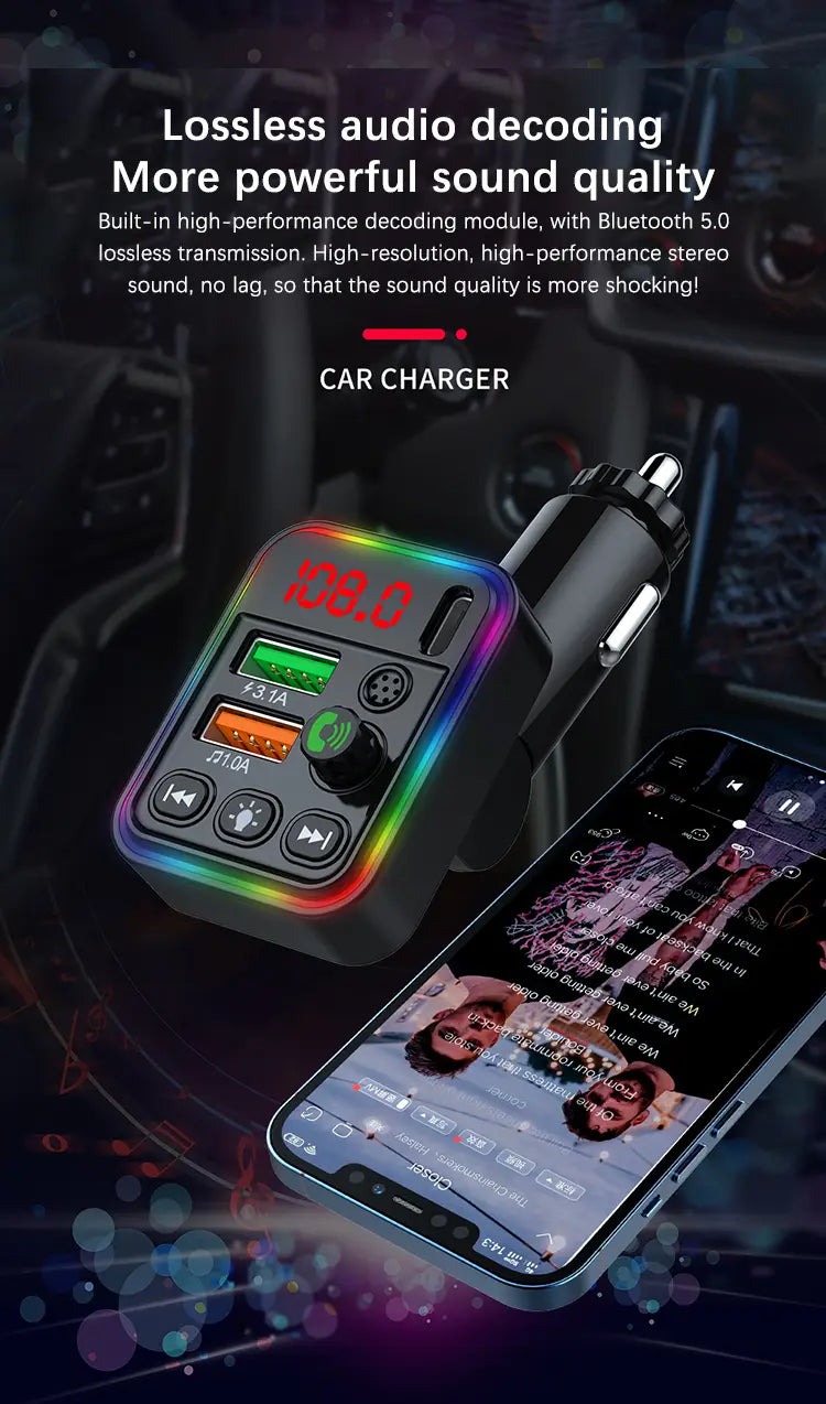 Car Bluetooth Adapter Type-C PD USB Car Quick Charger 5.3 FM Transmitter MP3 Music Player Handsfree Calling Audio Car Adapter