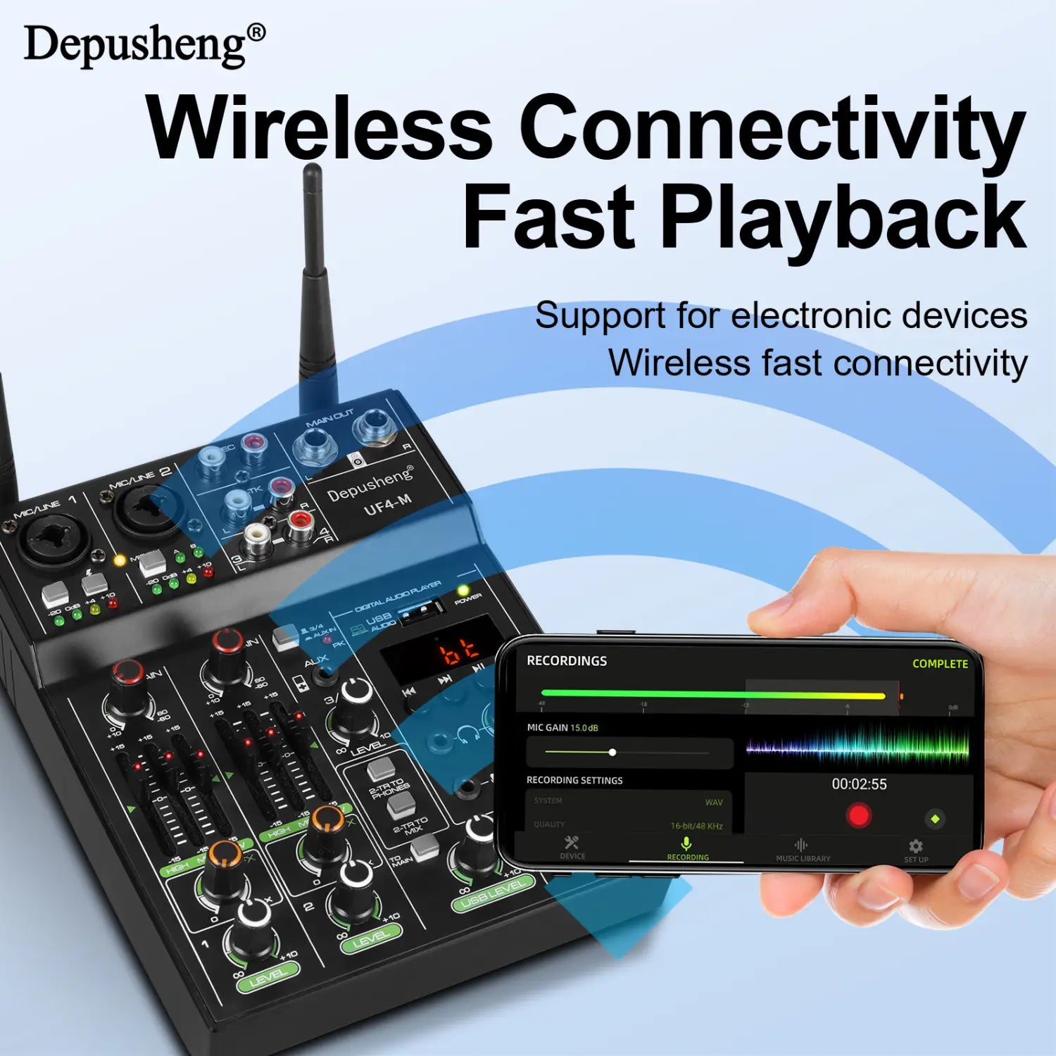Audio Mixer 4 Channel High Power Amplifie Sound mixing with Microphone Depusheng UF4-M Digital Board Console for Karaoke Stage
