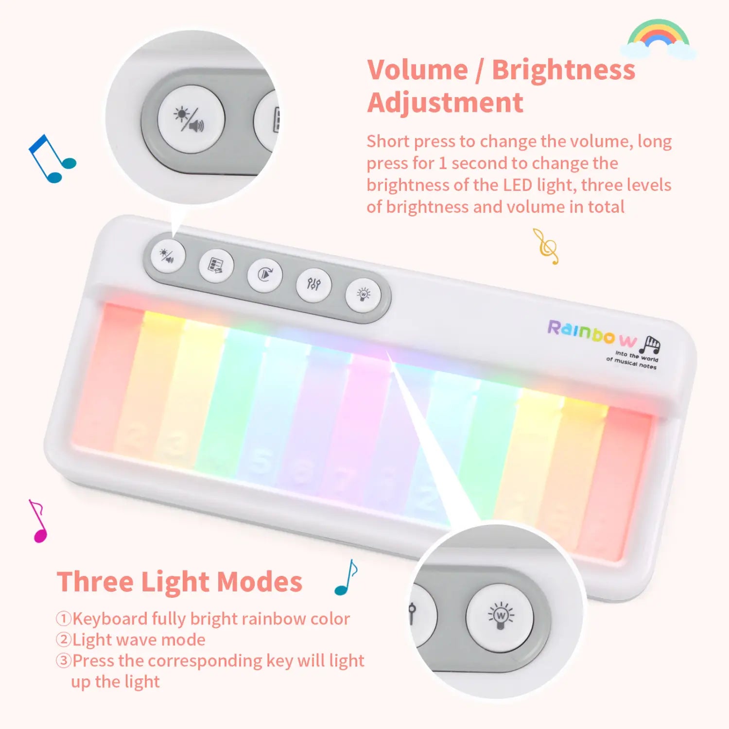 Rainbow Flashing Piano Toys with 5 Instruments 13 Melody Electronic Music Toys Portable Keyboard Toys Educational Toys for Kids