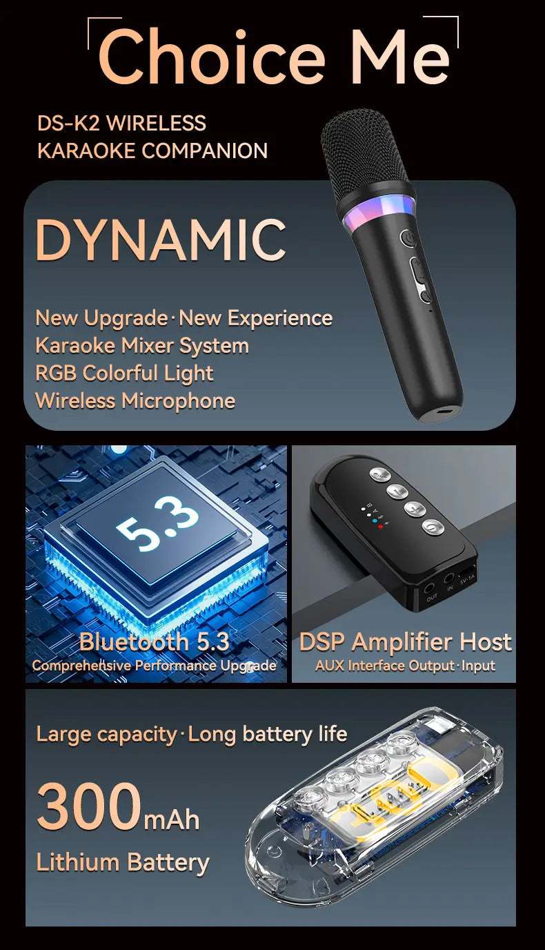 DS-K2 Karaoke Companion Bluetooth 5.3 Wireless Moving-Coil Microphone With RGB Light KTV DSP Mixer System For Wired Speaker Car