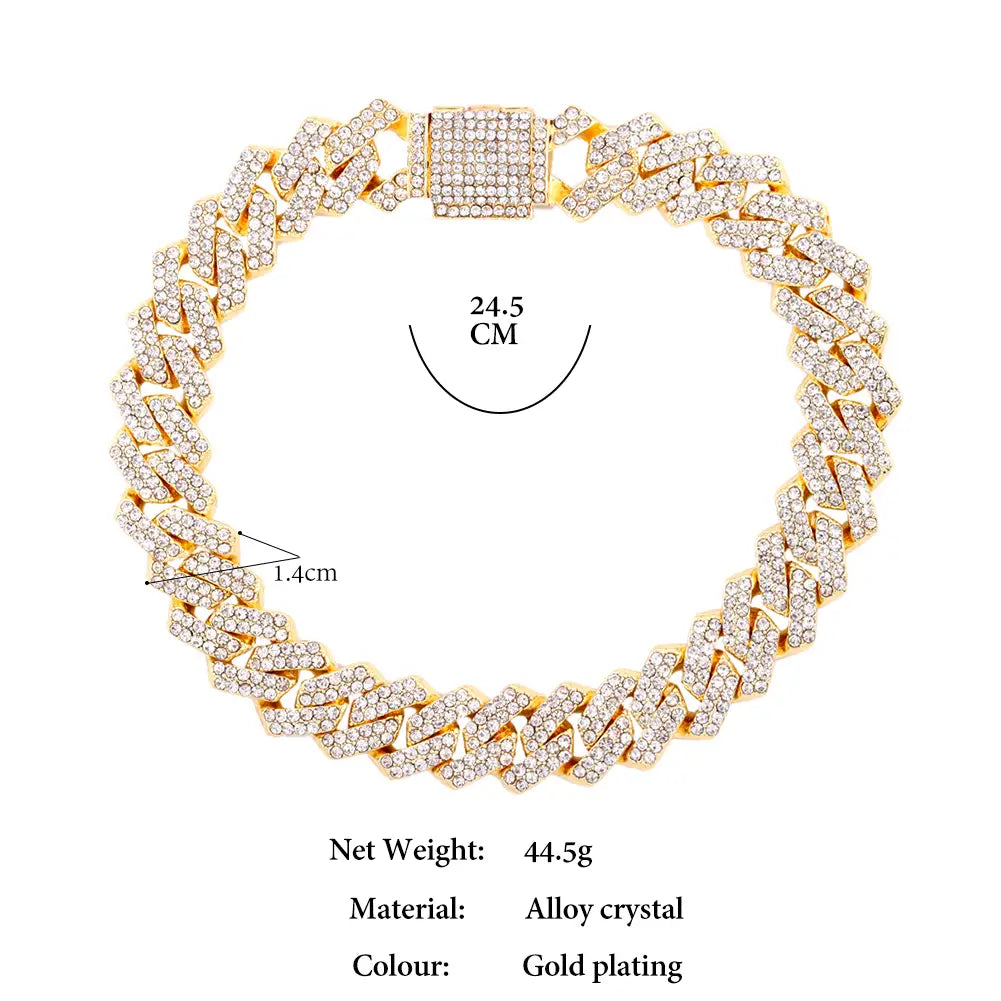 Hip Hop 14MM Prong Cuban Link Chain Necklace & Bracelet Iced Out Bling Cuban Chain Rhinestone Chains For Men Punk Rapper Jewelry