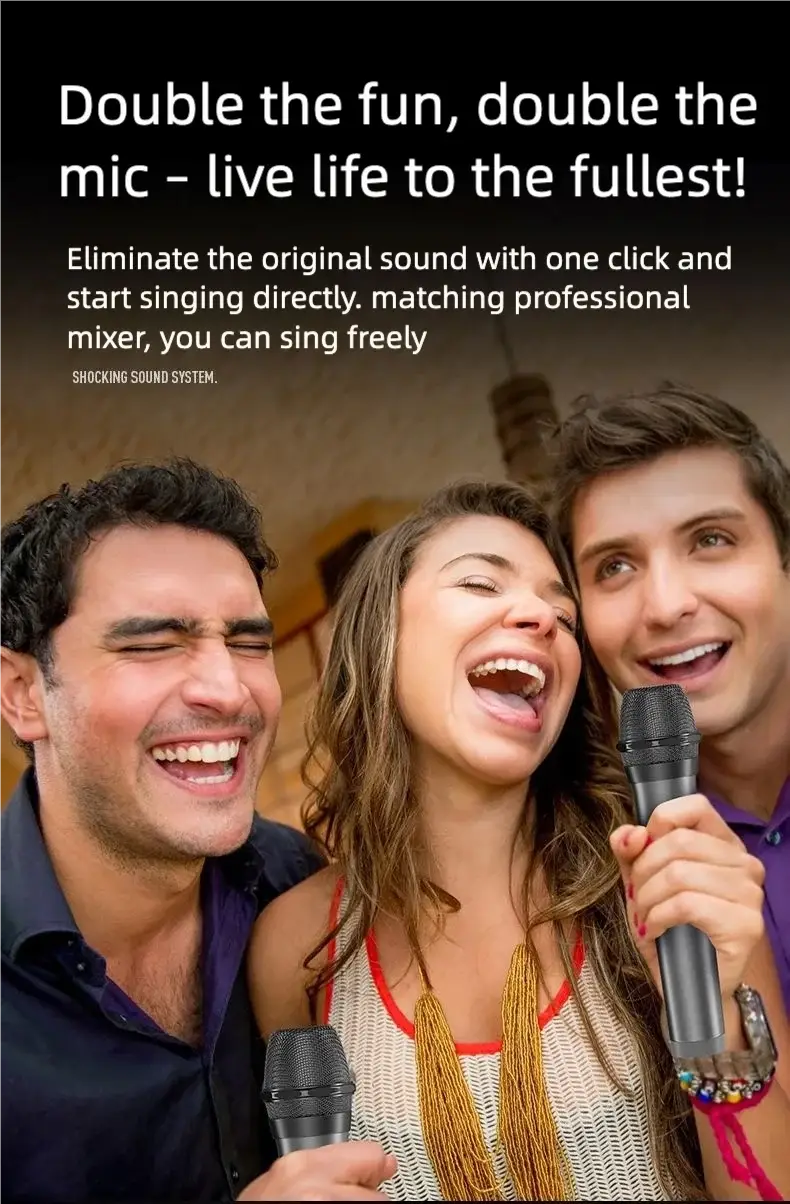 Portable Karaoke Machine with 2 Microphone Three Echo Levels Indoor and Outdoor Modes Deep Bass Supports AUX TF USB