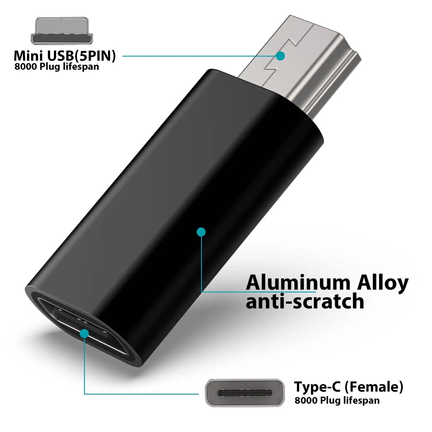 USB C to Mini USB Adapter 2-Pack Type-C Female to Mini USB Male Converter for GoPro Hero 3+ MP3 Dash Cam Camera Black