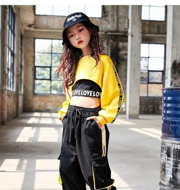 Hip Hop Girls Crop Top Contrast Street Dance Cargo Pants Children Sweatshirt Joggers Kids Streetwear Jazz Costumes Clothes Sets