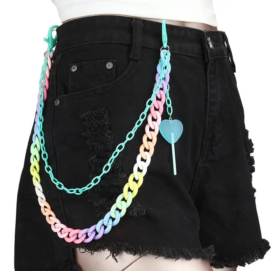 Hip Hop Rainbow Resin Chain Keychain Men Women Waist Chain Multicolor Acrylic Heart Lollipop Pants Trousers Chain Punk Jewelry