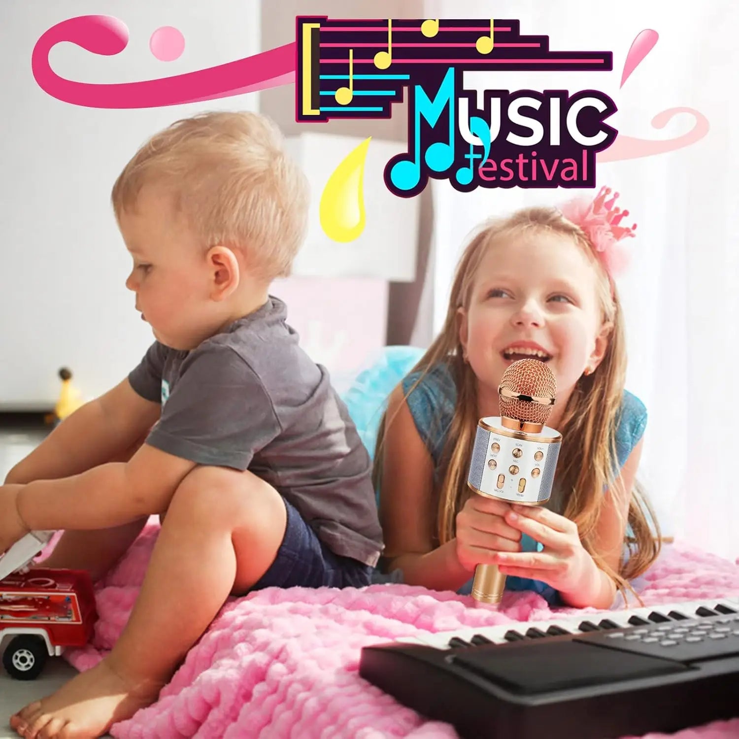 Wireless Bluetooth Karaoke Microphone for Kids 5-in-1 Portable Handheld Karaoke Mic Speaker Player Recorder with FM Radio