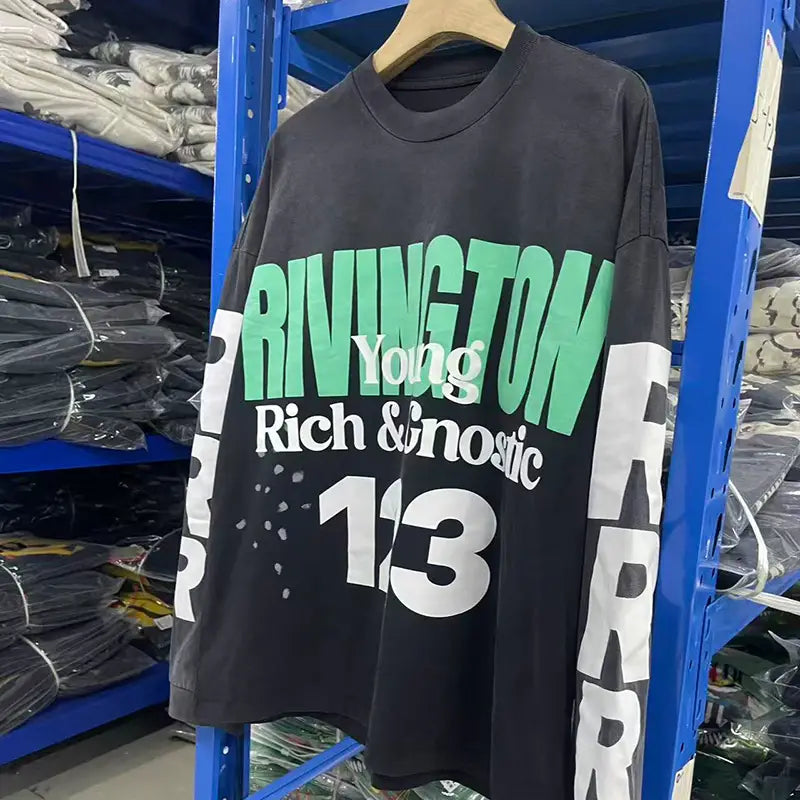Hip Hop Letters Logo Graphics Print RRR123 Long Sleeve T Shirt Men Women Top Quality Cotton Oversized Vintage Black T-Shirt