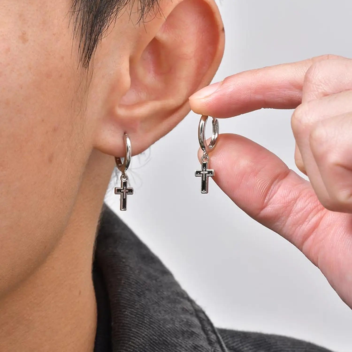 Hip Hop Cross Huggies Earrings for Men Boys,Simple Metal Cross Hoop Earrings,Piercing Earring Gift