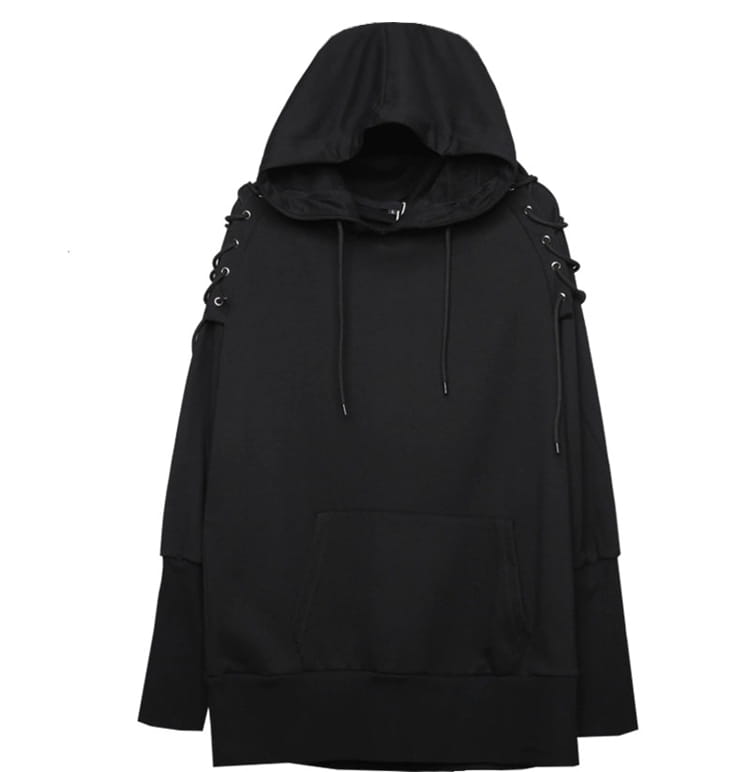 Punk Drawstring Sleeve Hooded Pullover Harajuku Techwear Hoodies Sweatshirts Mens Loose Hoody Clothing Hip Hop Streetwear