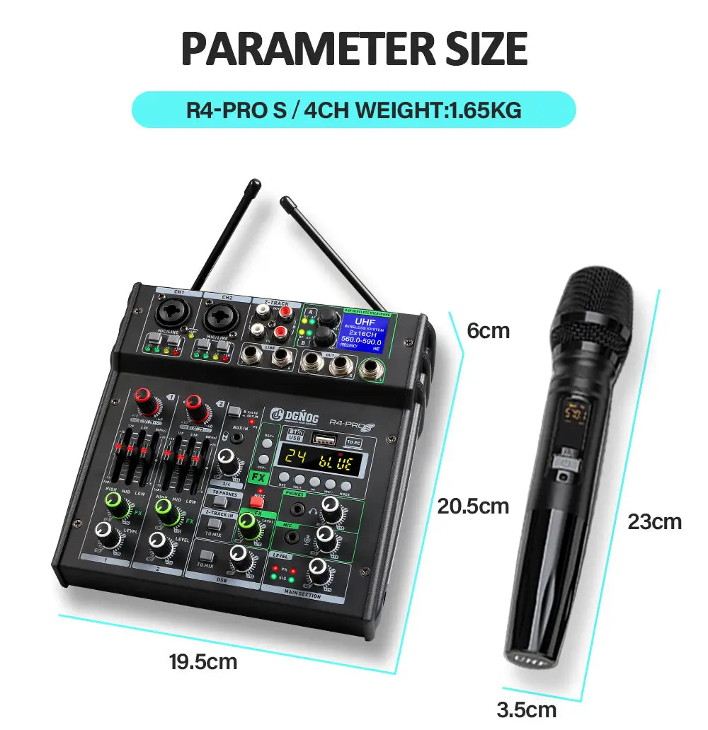 4 Channel Karaoke Audio Mixer with Dual UHF Wireless Microphone USB Bluetooth DJ Mixer for Party Computer Studio Recording DGNOG