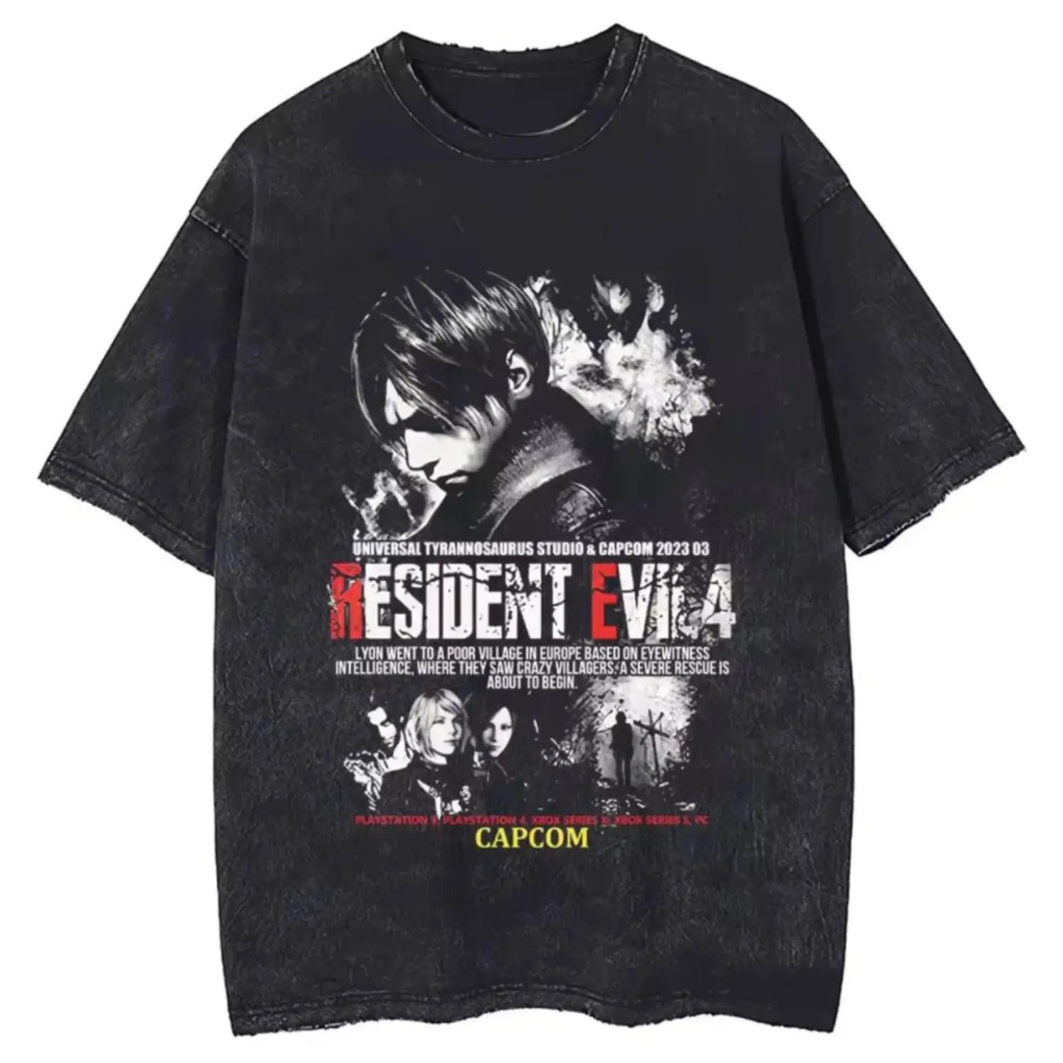 Hip Hop Washed Black T-shirt Street Clothing Retro Pattern Resident Evil T-shirt Cotton Hippie Unisex T-shirt Men’s Gym Top