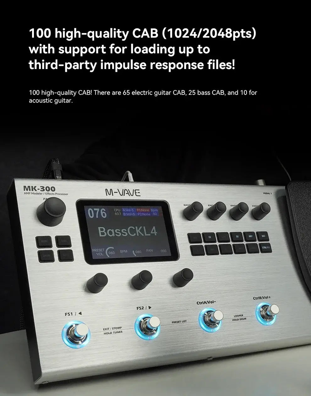 M-VAVE MK-300 Guitar Bass Multi-Effects Processor 150s Looper 128 Drums MIDI DAW 120AMP 10h Battery ANN MK-300 Neural Modeling