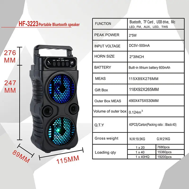 Outdoor Portable Wireless Speaker Dual 3 Inches Music Stereo Subwoofer Bass USB Power Supply For Dancing Party Family Karaoke