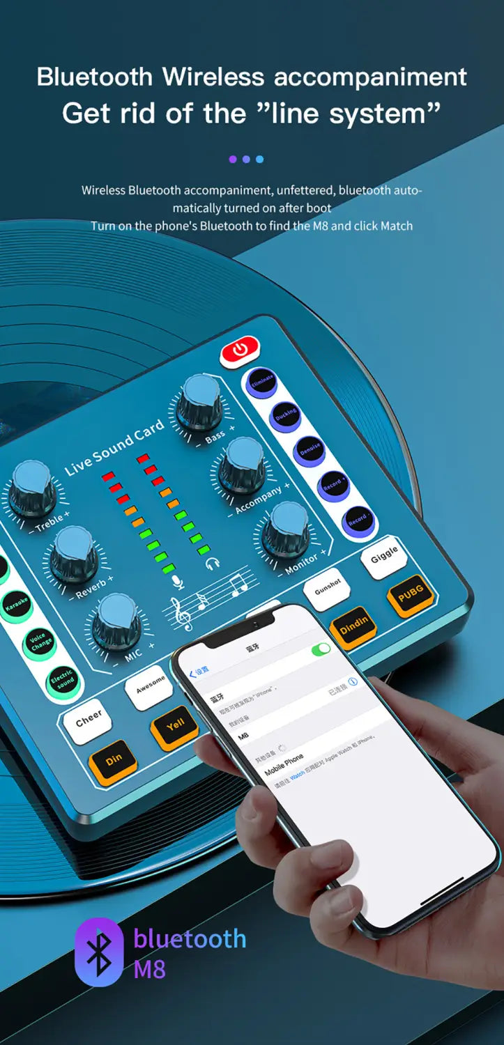 Live Sound Card Studio Record Professional Soundcard Bluetooth Microphone Mixer Voice Changer Live Streaming Audio Mixer Karaoke