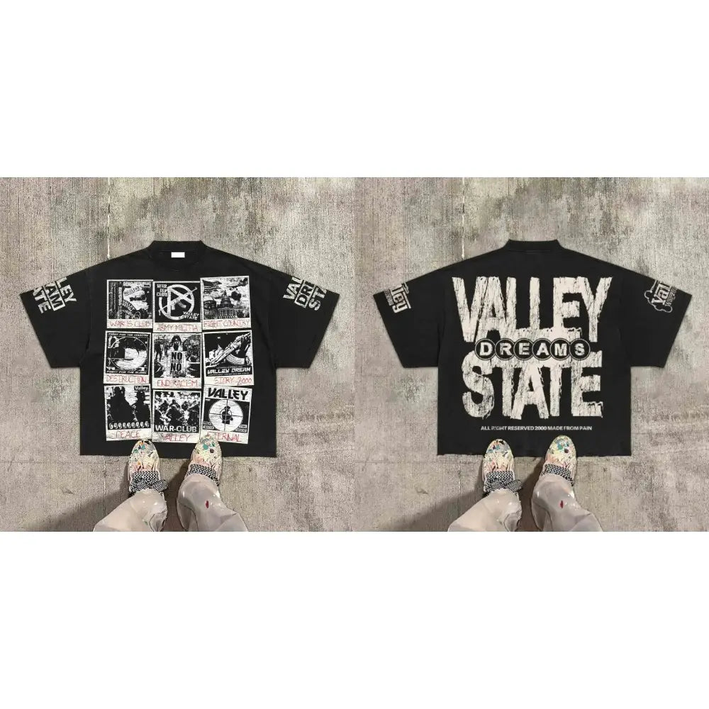 American Hip Hop Retro Theater Valley Division Harajuku Gothic War Print Summer New Retro Fashion Men and Women Streetwear
