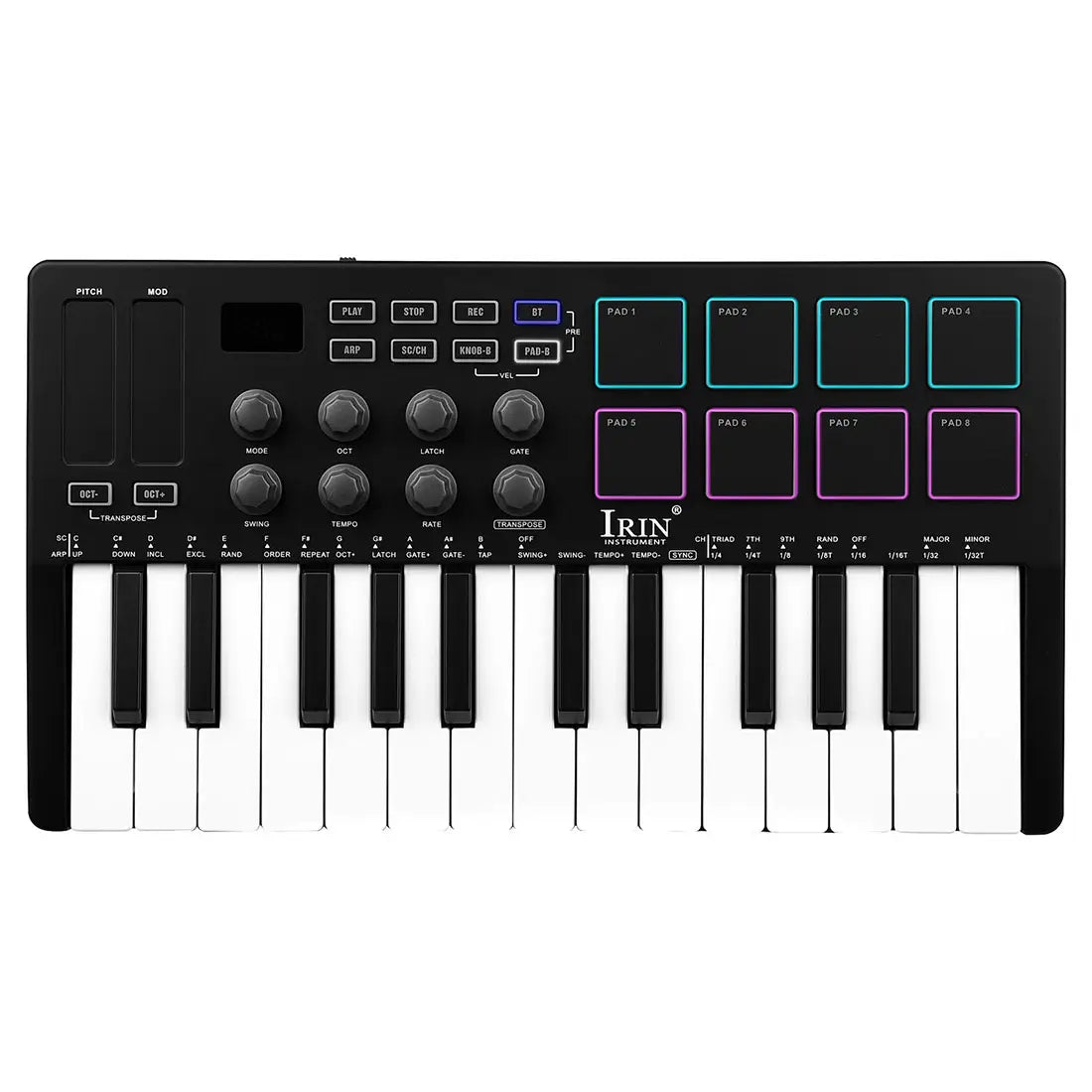 IRIN SMK-25 25 Keys MIDI Keyboard Controller 8 RGB Backlit Drum Pads Rechargeable USB Keyboard Strike Pad for Music Production
