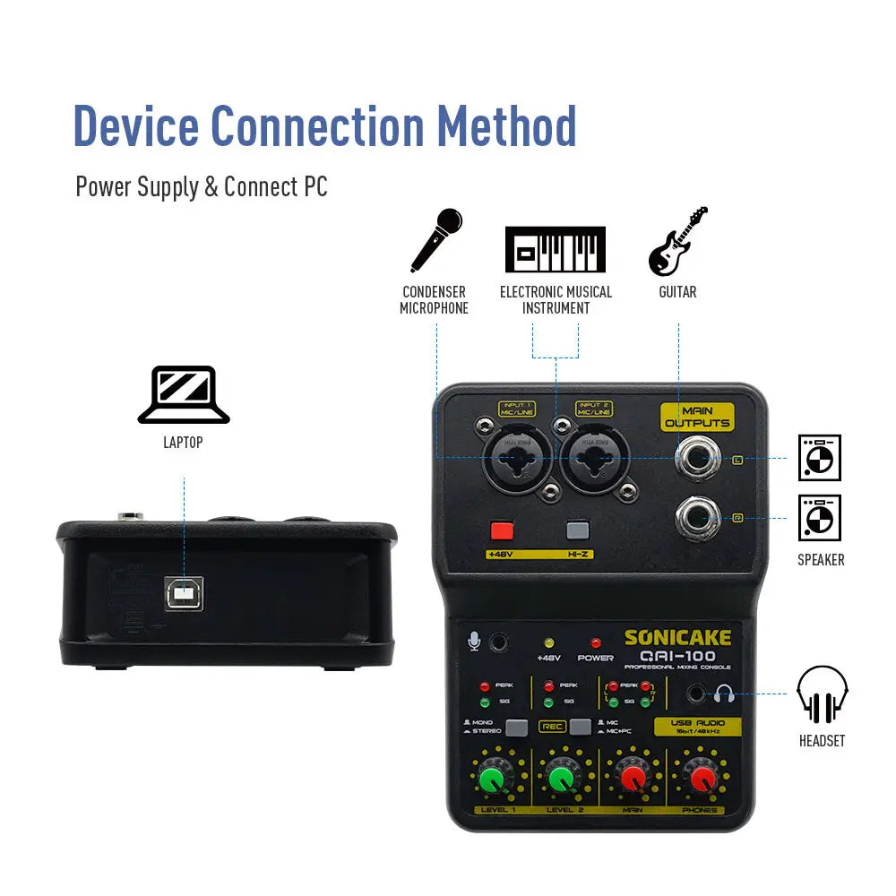 SONICAKE 2-Channel Mini Audio Mixer with Sound Card DJ Studio Music Recording Home Karaoke PC Compatible Mixing Console QAI-100