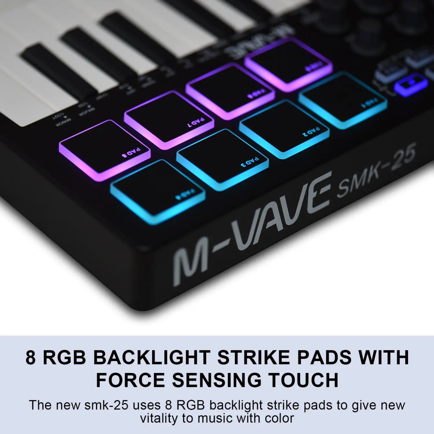 M-vave SMK-25 Mini 25 Keys Wireless / USB MIDI Keyboard Controller With 8 Backlit Drum Pads 8 Knobs and 2 Touch Stripes