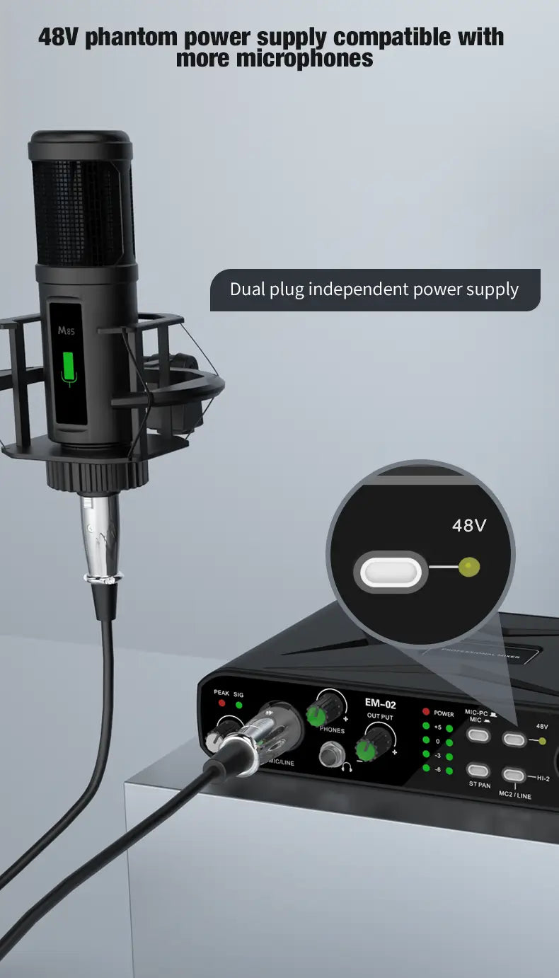 Sound Card Audio Mixer USB Audio Interface With Mic Preamplifier XLR/TSR/TS Ports 48V For Computer Recording Stream&Live Stream