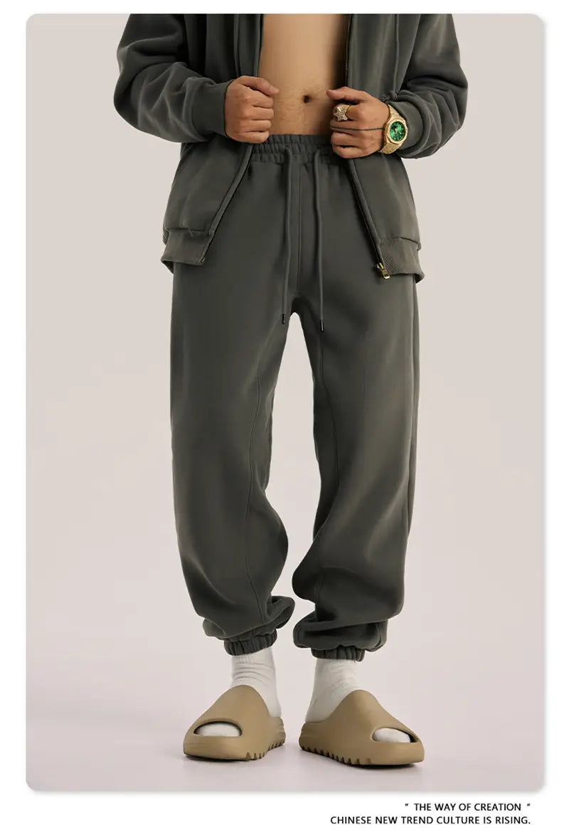 ZODF Trendy Men 345gsm Fleece Sweatpant Unisex Solid Color Loose Retro Hip Hop Winter Joggers Pants Brand Clothes HY0005