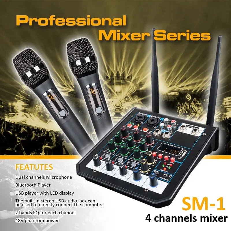 4 Channel Audio dj Mixer Console with Bluetooth Mixer UHF Wireless Microphone for Home Karaoke Stage Studio