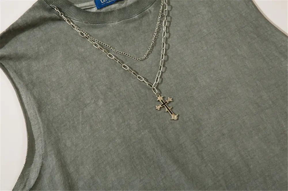 Hip Hop Tank Tops Men’s Vintage Washed Sleeveless T-Shirt Hole Harajuku Dancing Breathable Tops with Necklace Streetwear