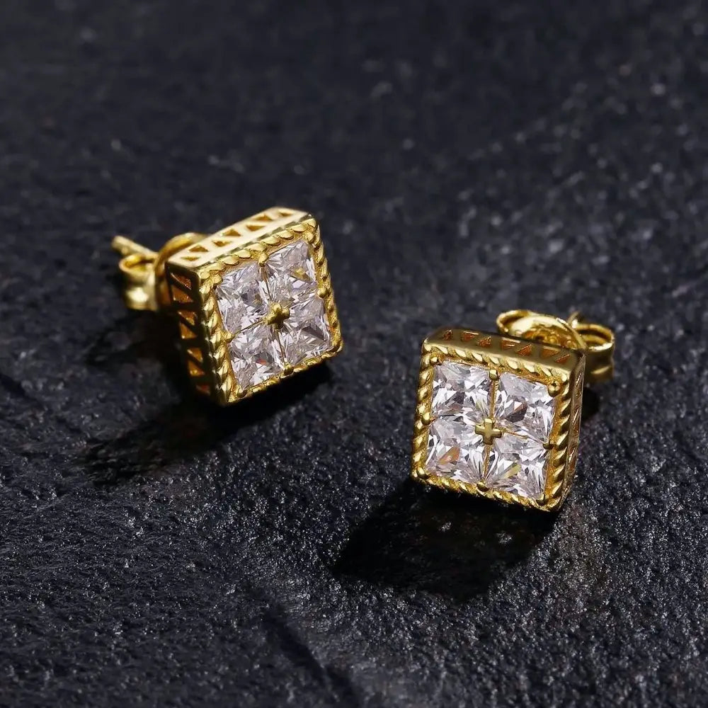 Hip Hop Square Rhinestone Stud Earrings For Men Women Geometric Luxury Shiny Micropavé Zircon Faux Color Stone Ear Studs Jewelry