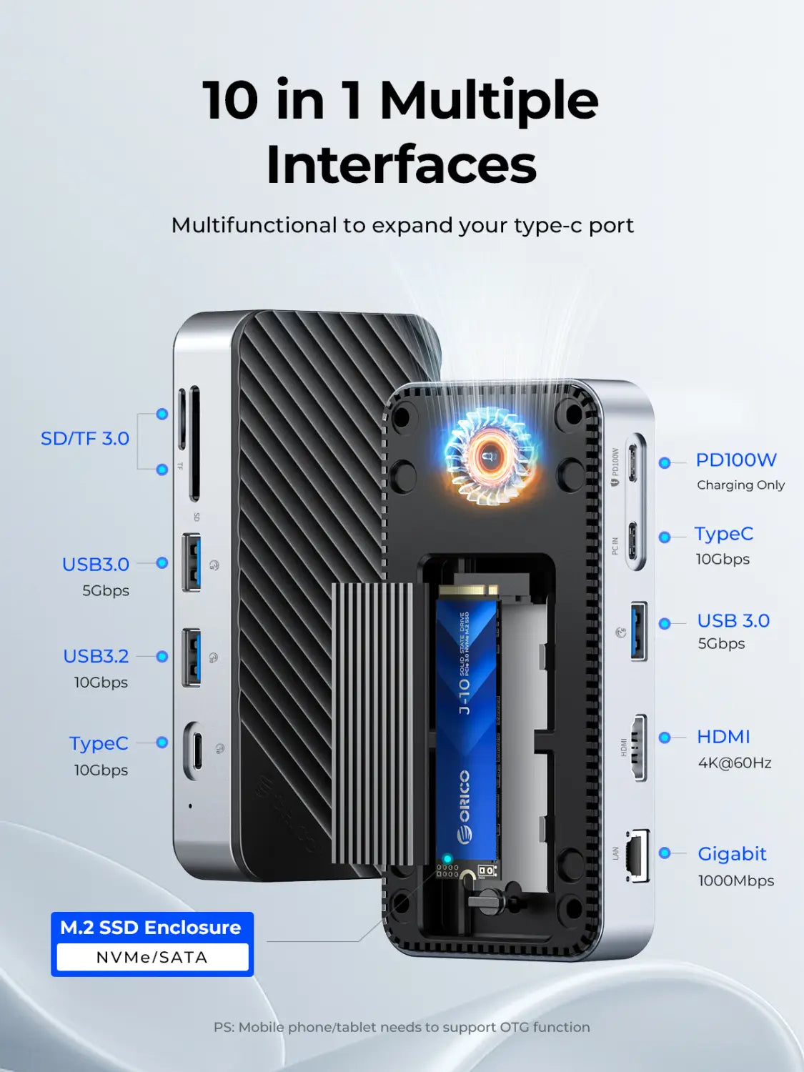 ORICO-USB C HUB with Cooling Fan M.2 NVMe SATA SSD Enclosure External 10Gbps 4K 60Hz HDMI-Com RJ45 SD TF Docking Station