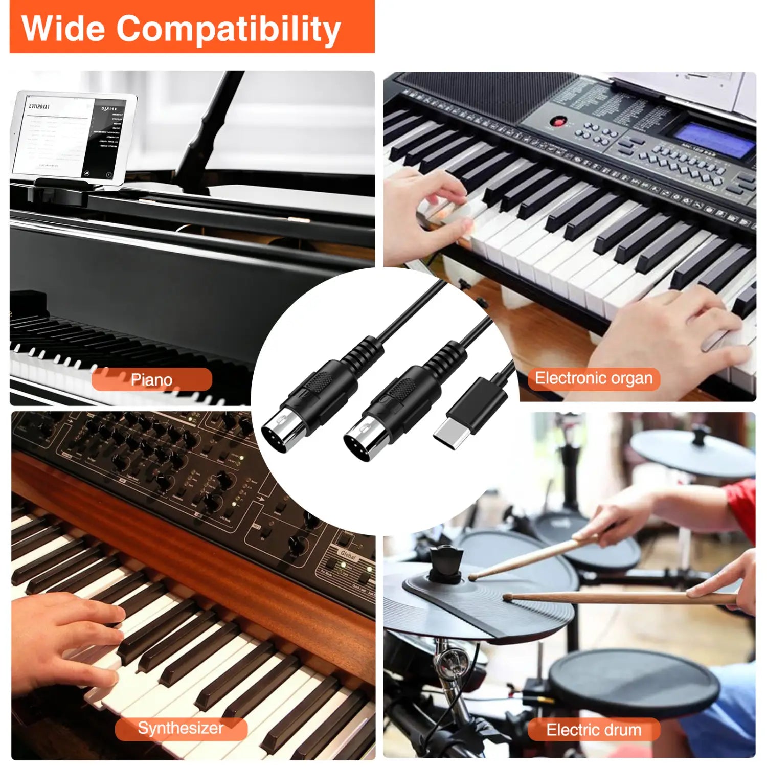 Lekato Midi To Usb C Type C Cable Usb Midi Converterfor Music Keyboard Piano Pc Lapt Interface 6.5Ft with Indicator Light