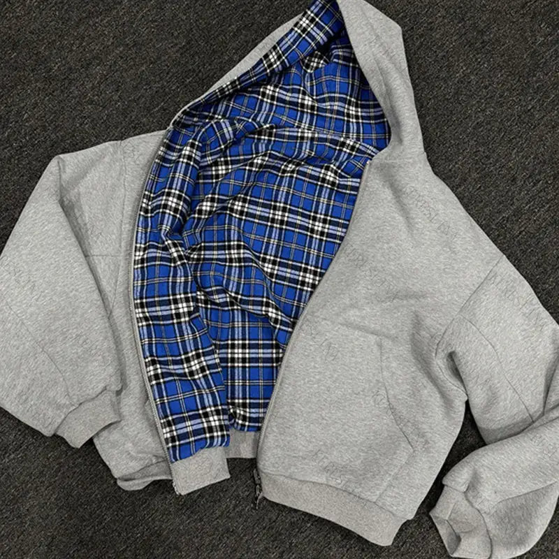Hip-hop streetwear fake two-piece plaid cardigan hooded sweatshirt jacket American retro fashion all-match new unisex jacket emo