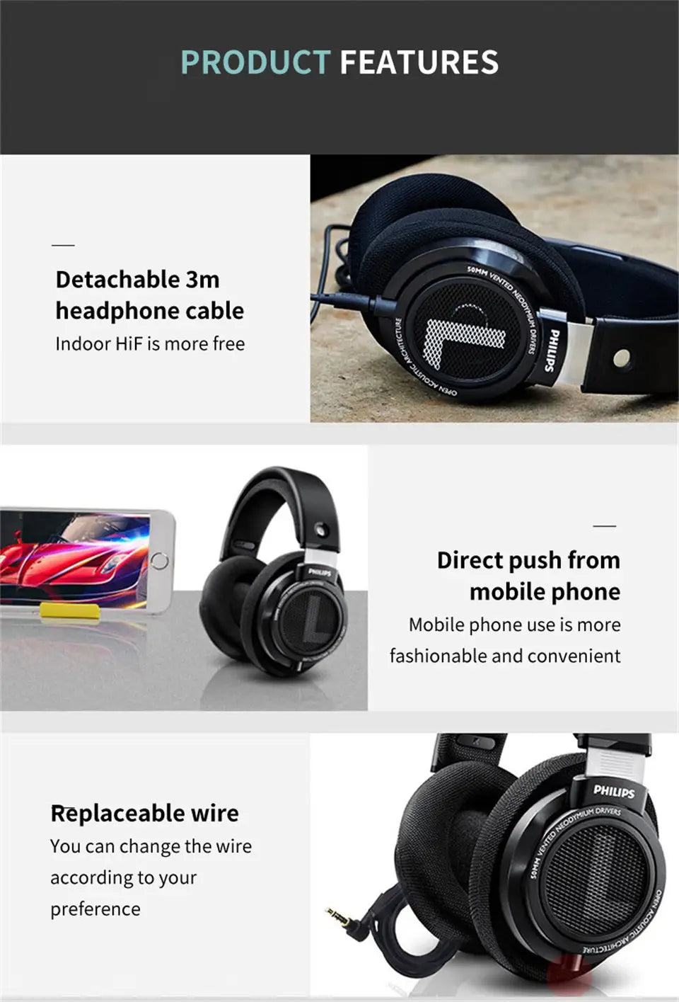 Philips SHP9500 Wired Headphones HiFi Stereo Music Earphone 3.5mm 6.3mm Interface Computer Laptop Mobile Phone Universal Headset
