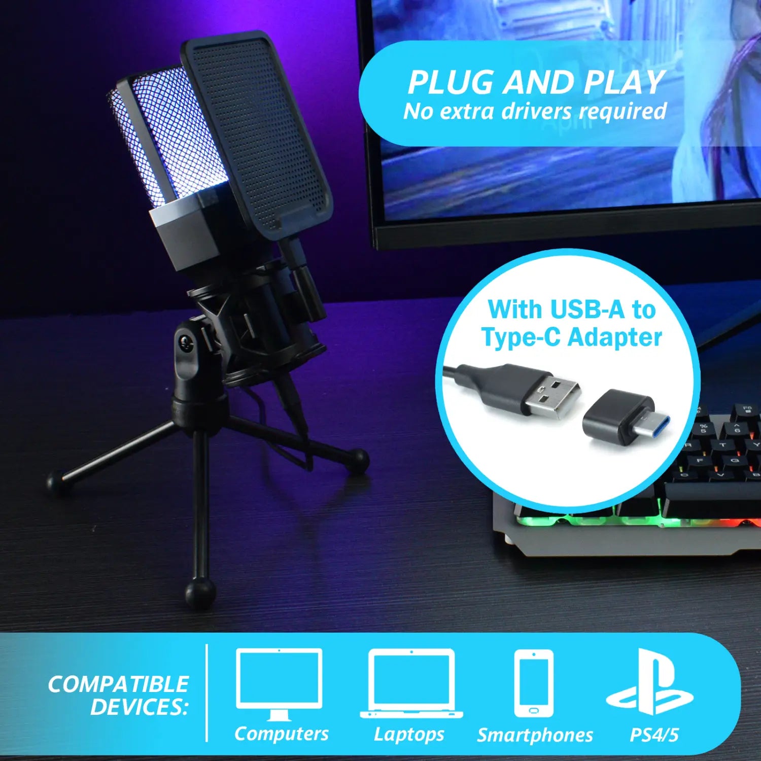 Computer Professional Gaming Condenser Microphone Karaoke Mic PC Laptop USB Wired Live Streaming Podcast Studio Mike Kit Gamer