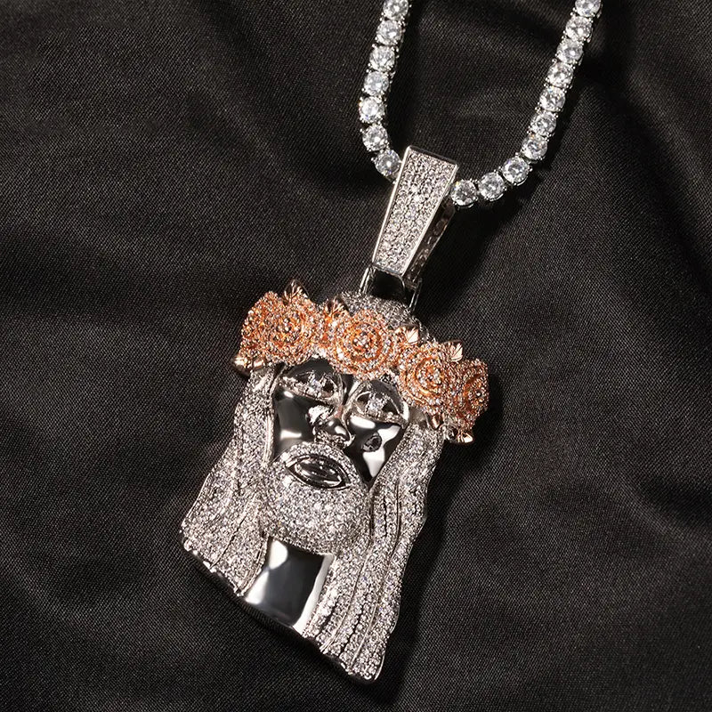 Hip Hop Micro Paved AAA+ Cubic Zirconia Bling Iced Out Flower Hat JESUS PIECE Pendants Necklaces for Men Rapper Jewelry